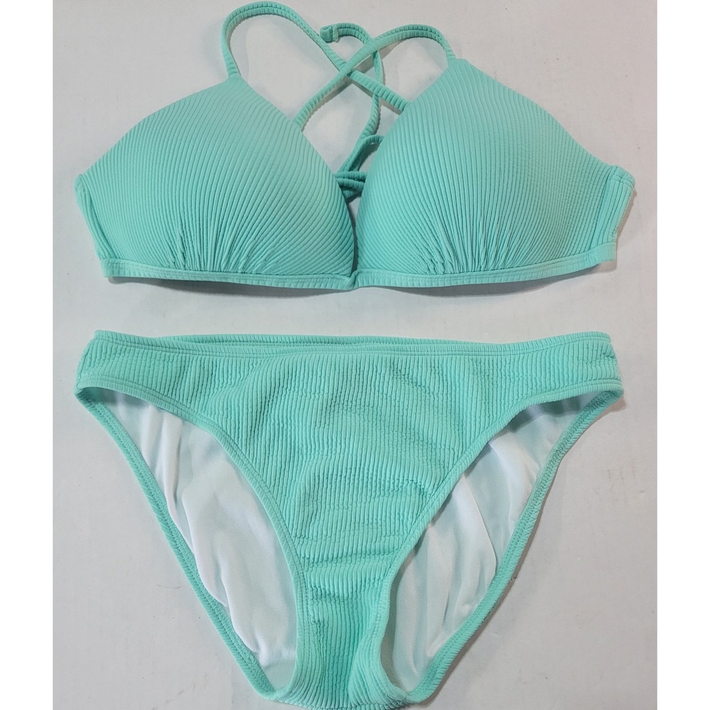 Salt + Cove‎ Mint Green Ribbed Bikini Set XL Top M Bottom Triangle Lace Up Back